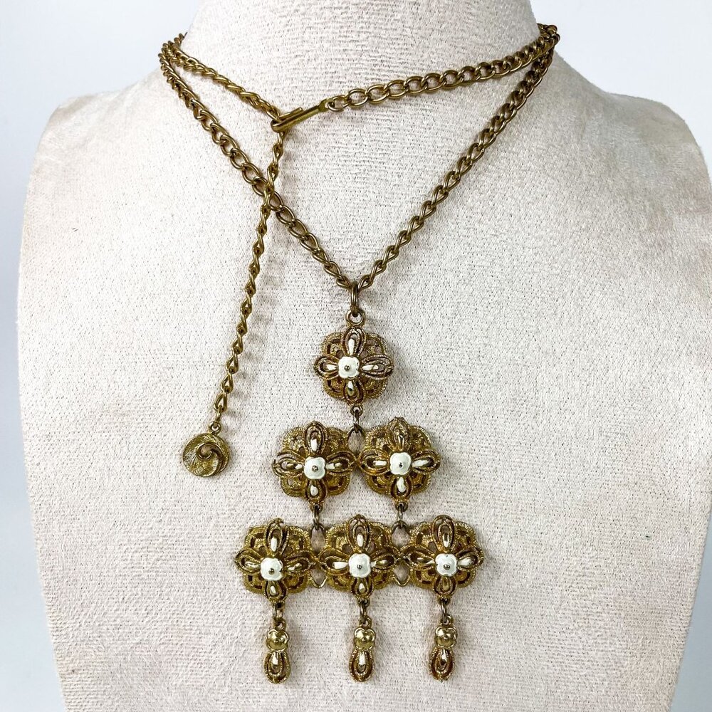 Lisner Modernist Necklace Gold Tone Dangle Triangle Chandelier Pendant Signed